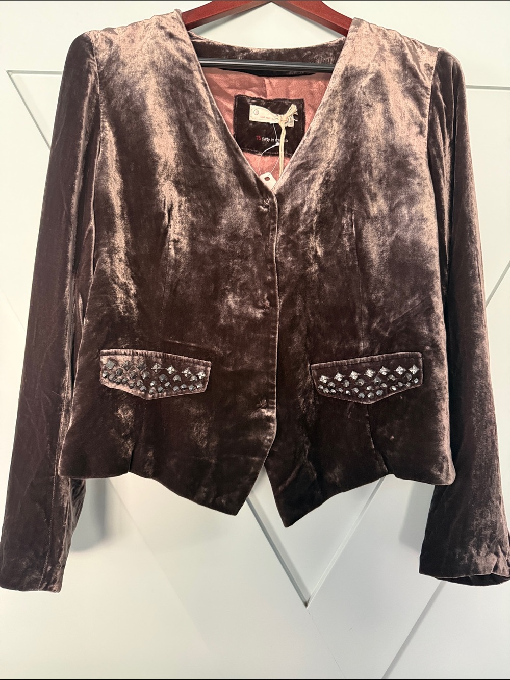 Odd Molly Underground Velvet Jack Stud-Trim Blazer in Deep Brown